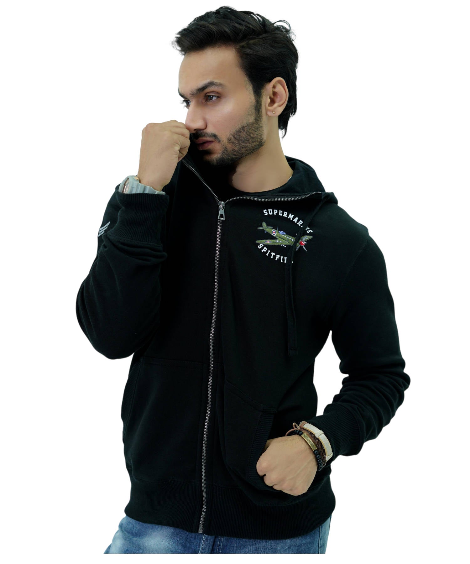 Herren Hoodie Zipper Reglan Kapuzenjacke Sweatjacke Schwarz Supermarine