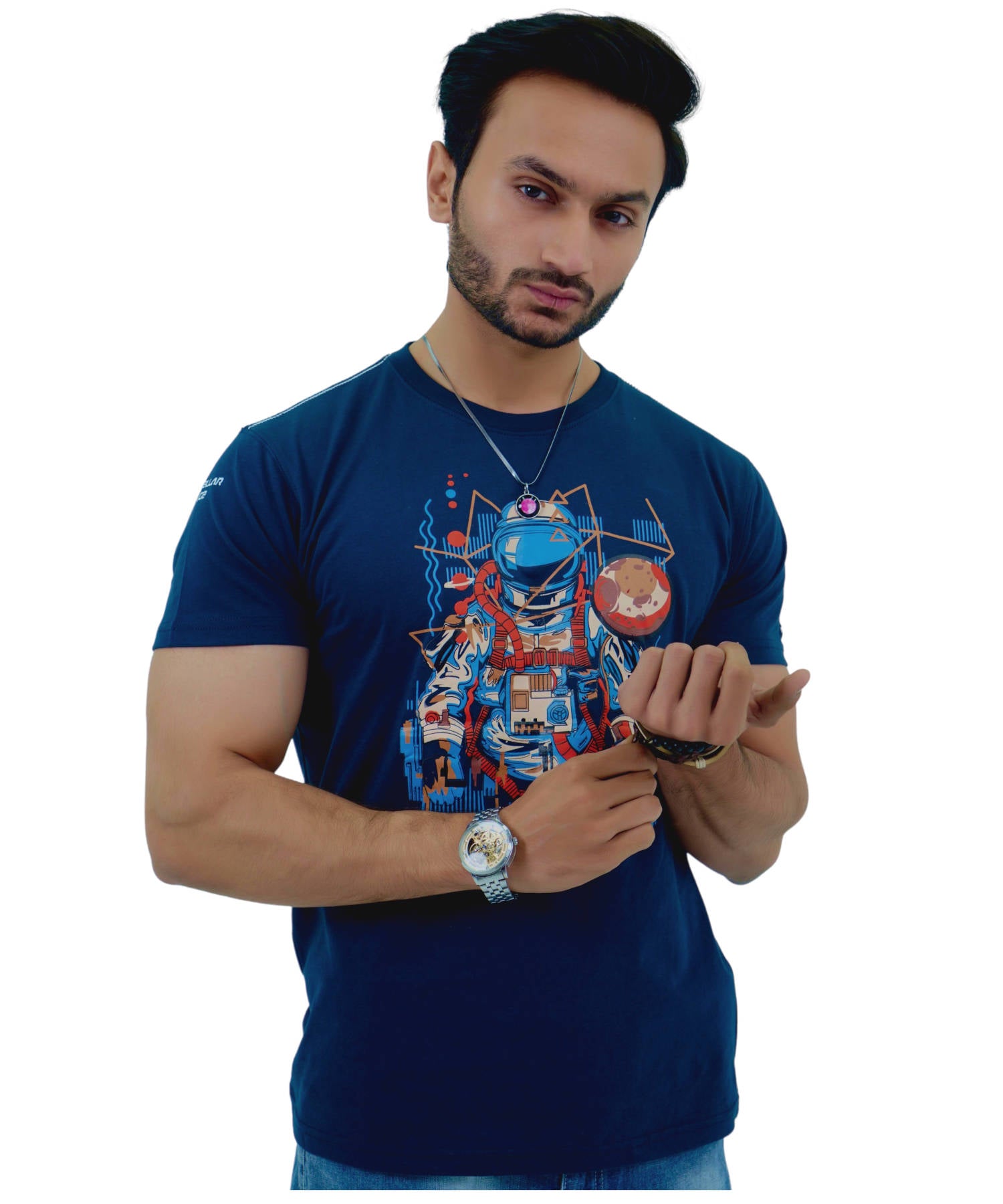 Herren T-Shirt Jersey Slim Fit Kurzarm Aufdruck Navy Astronaut 100% Baumwolle