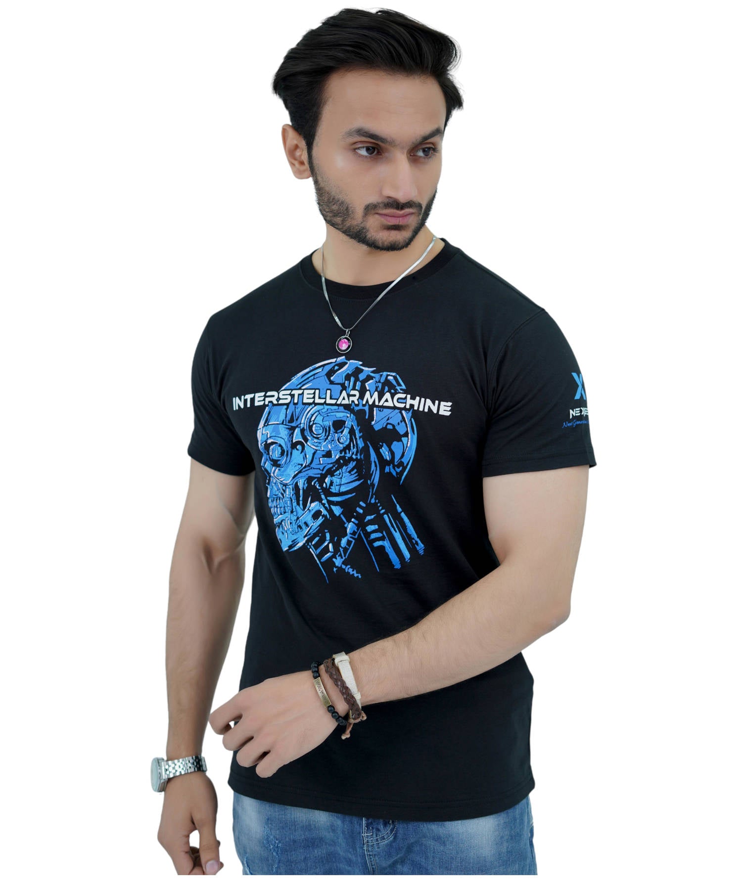 Herren T-Shirt Jersey 100% Baumwolle Slim Fit Kurzarm Aufdruck Schwarz mit Interstellare Maschine