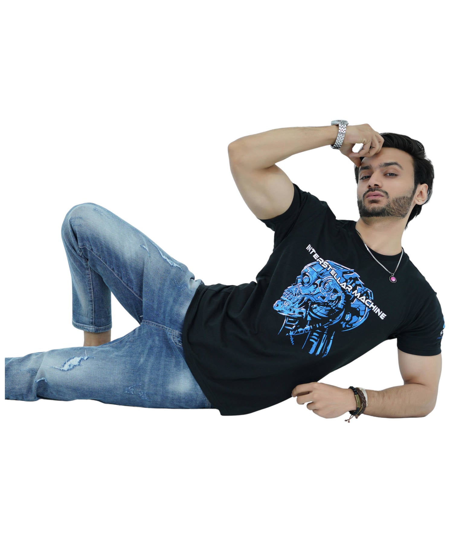 Herren T-Shirt Jersey 100% Baumwolle Slim Fit Kurzarm Aufdruck Schwarz mit Interstellare Maschine