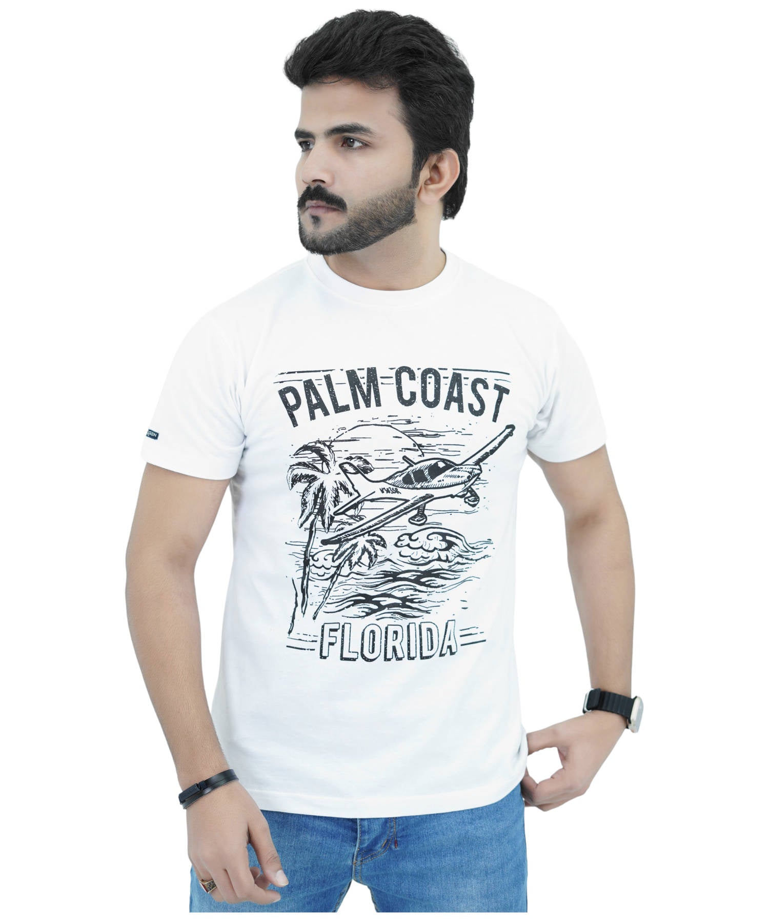 Herren T-Shirt Jersey 100% Baumwolle Slim Fit Kurzarm Aufdruck Weiß mit Palmenküste