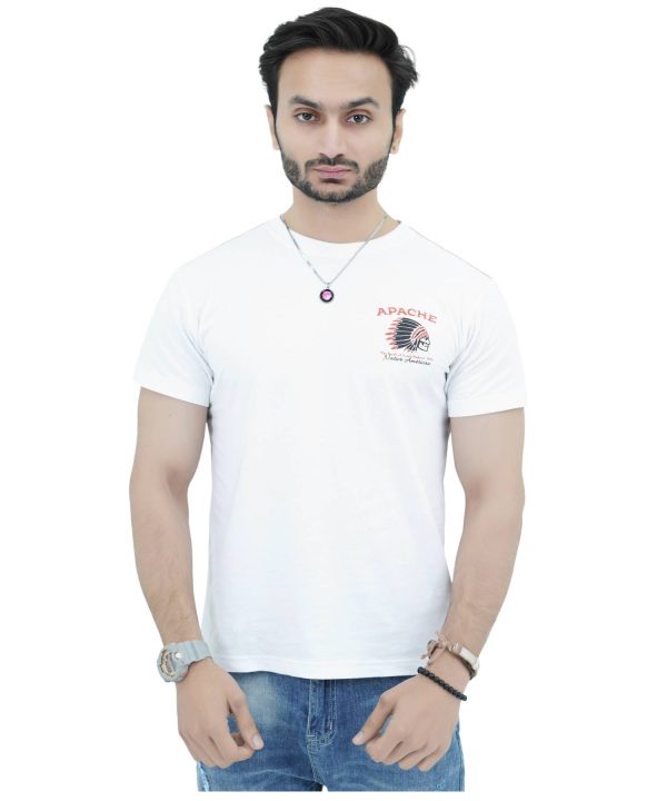 Herren T-Shirt Jersey 100% Baumwolle Slim Fit Kurzarm Aufdruck Weiß mit Apache