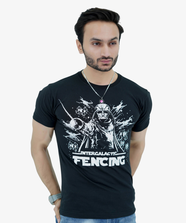 Herren T-Shirt Jersey 100% Baumwolle Slim Fit Kurzarm Aufdruck Schwarz mit Intergalaktische Fechten