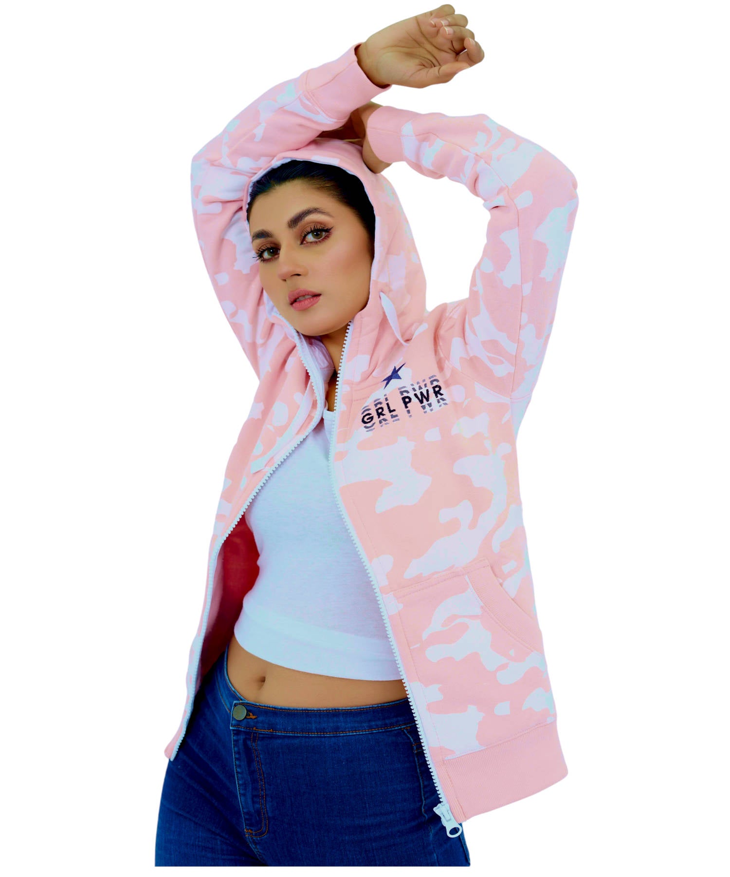 Damen Fleece Hoodie Pulli Kapuzenpullover Sweatjacke Reißverschluss hohe Kragen Pink