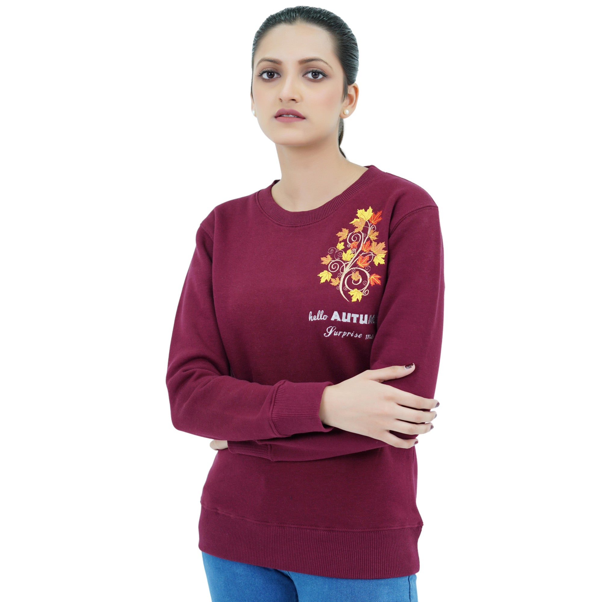 Damen Swearshirt Pullover Rot mit Stickerei