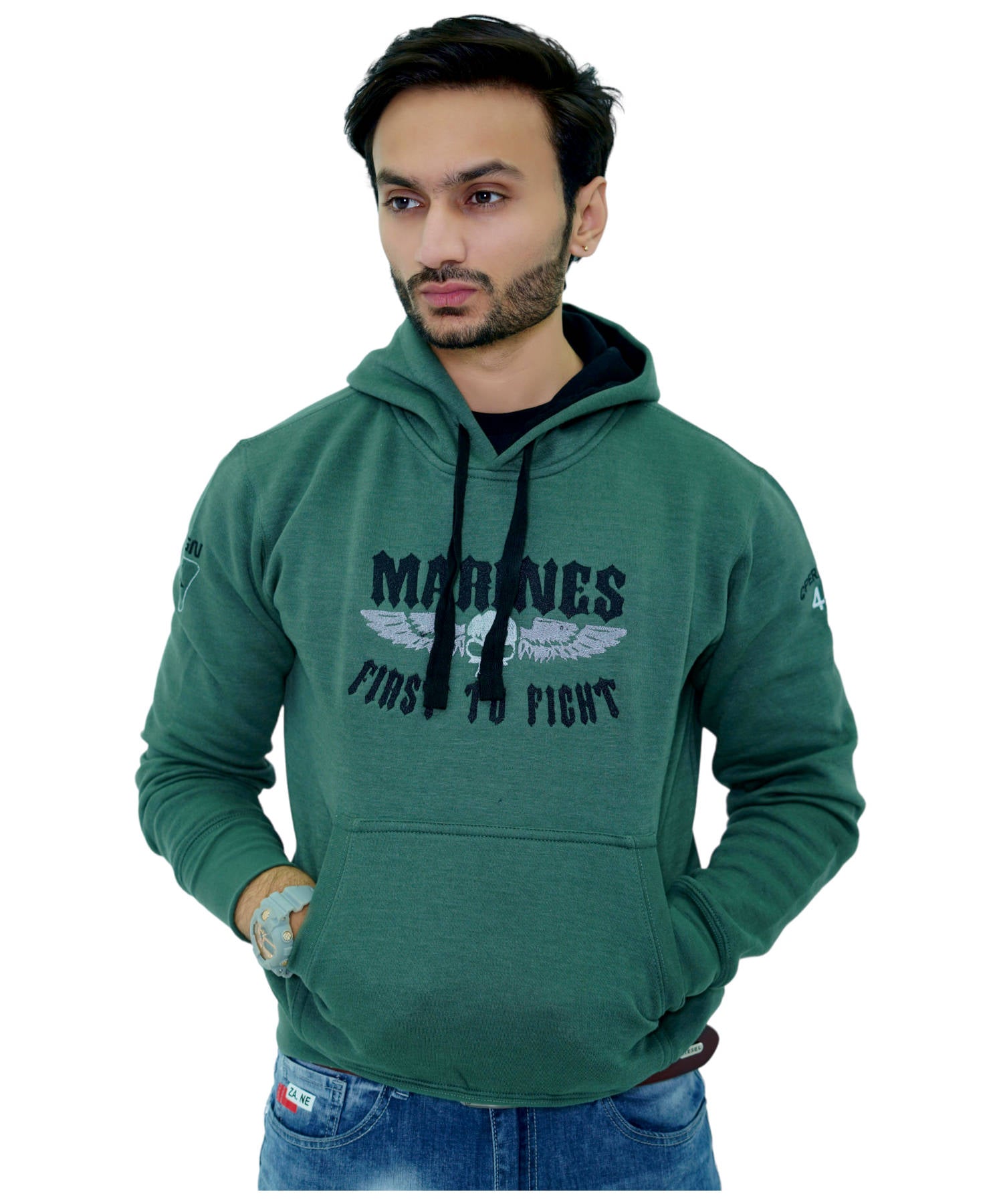 Herren Hoodie Kapuzenpullover Grün mit Stickerei