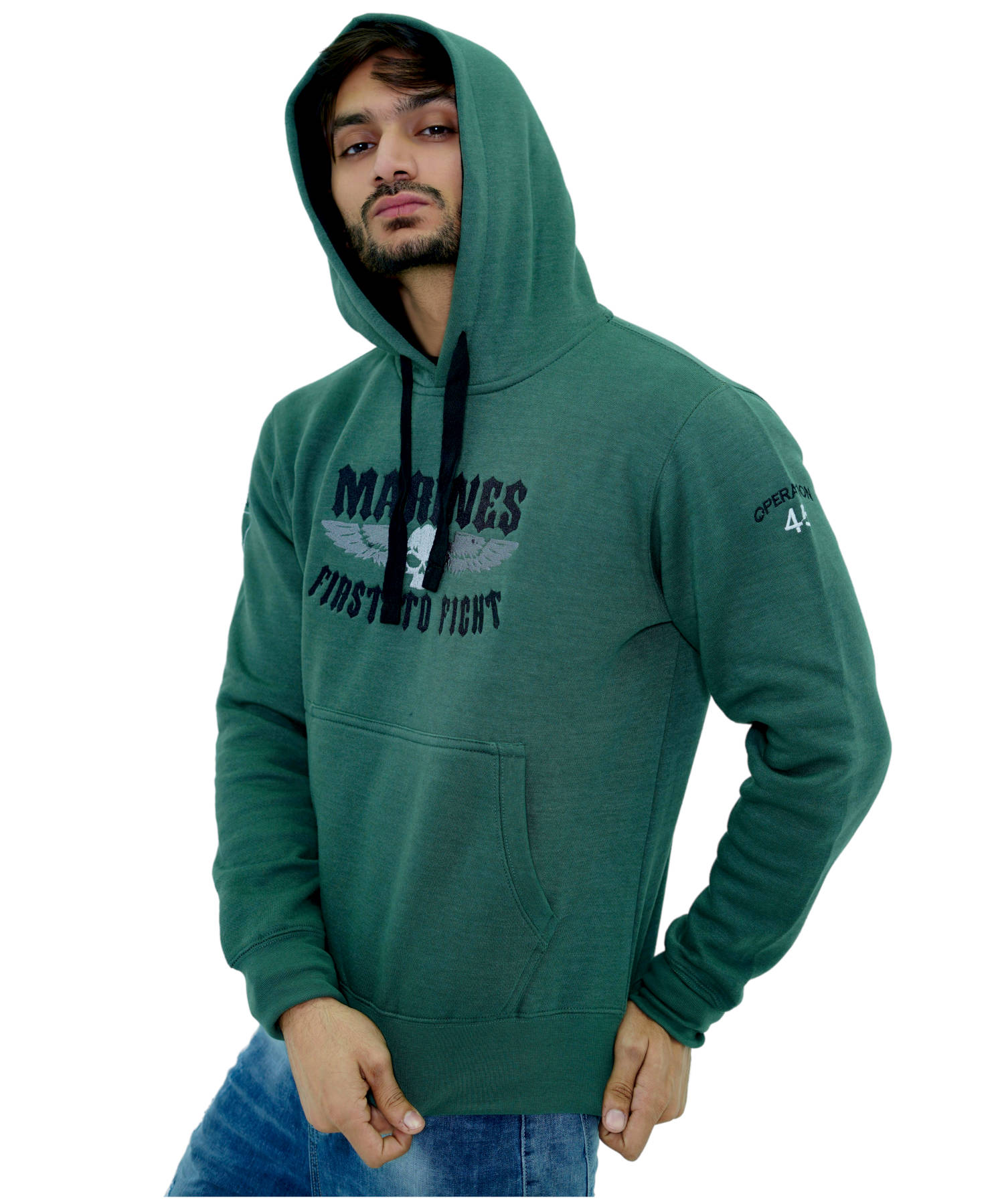 Herren Hoodie Kapuzenpullover Grün mit Stickerei