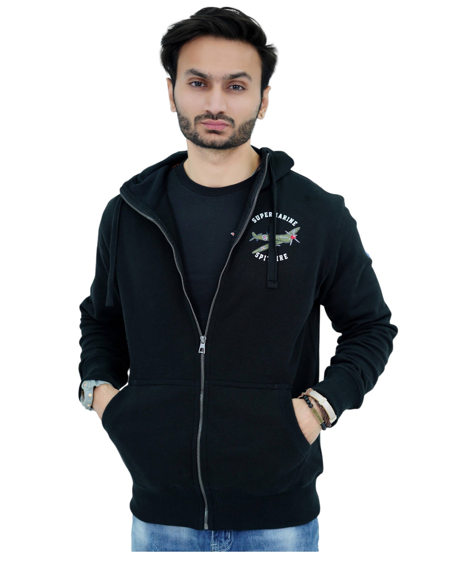 Herren Hoodie Zipper Reglan Kapuzenjacke Sweatjacke Schwarz Supermarine