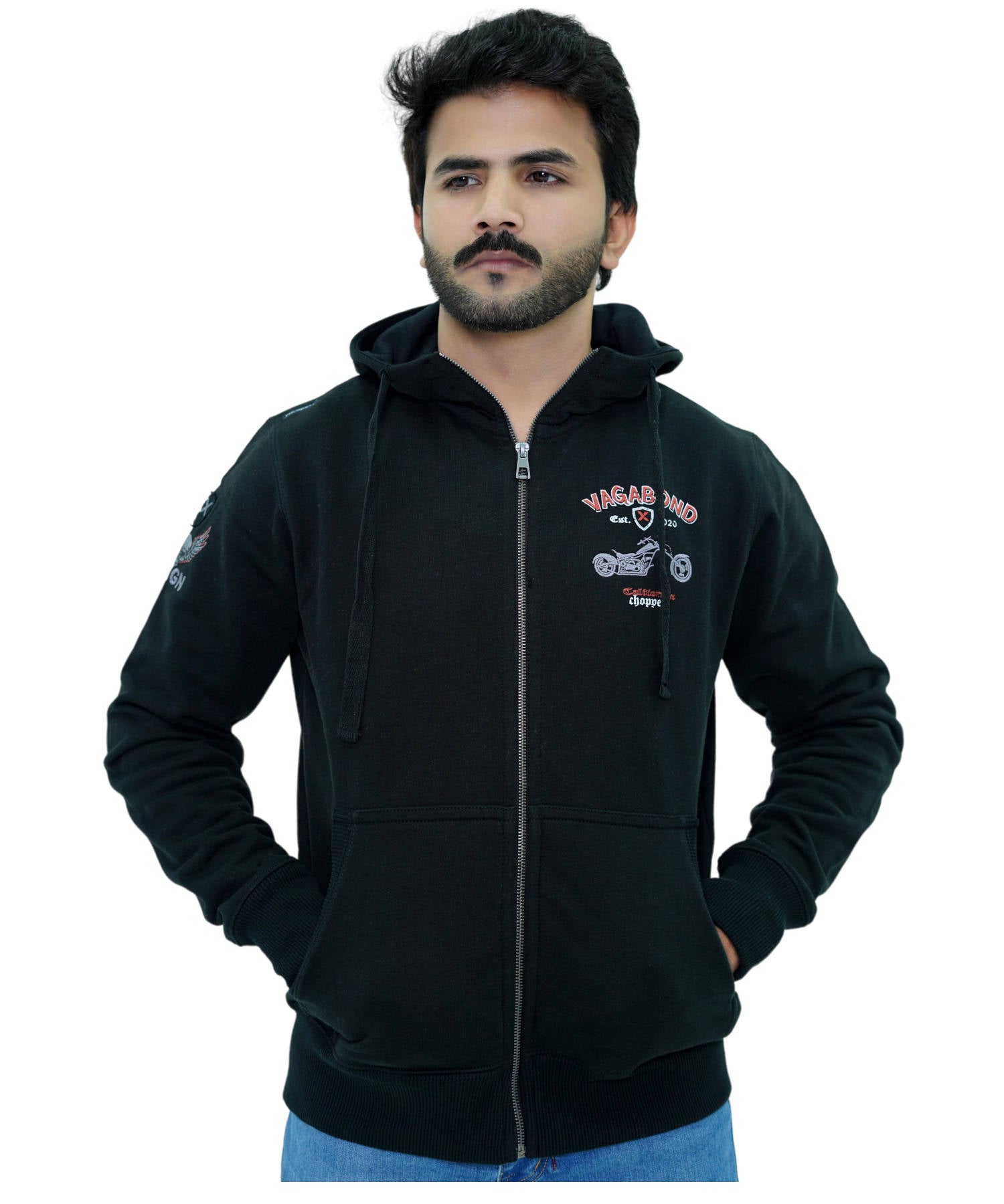 Herren Hoodie Zipper Reglan Kapuzenjacke Sweatjacke Schwarz Chopper