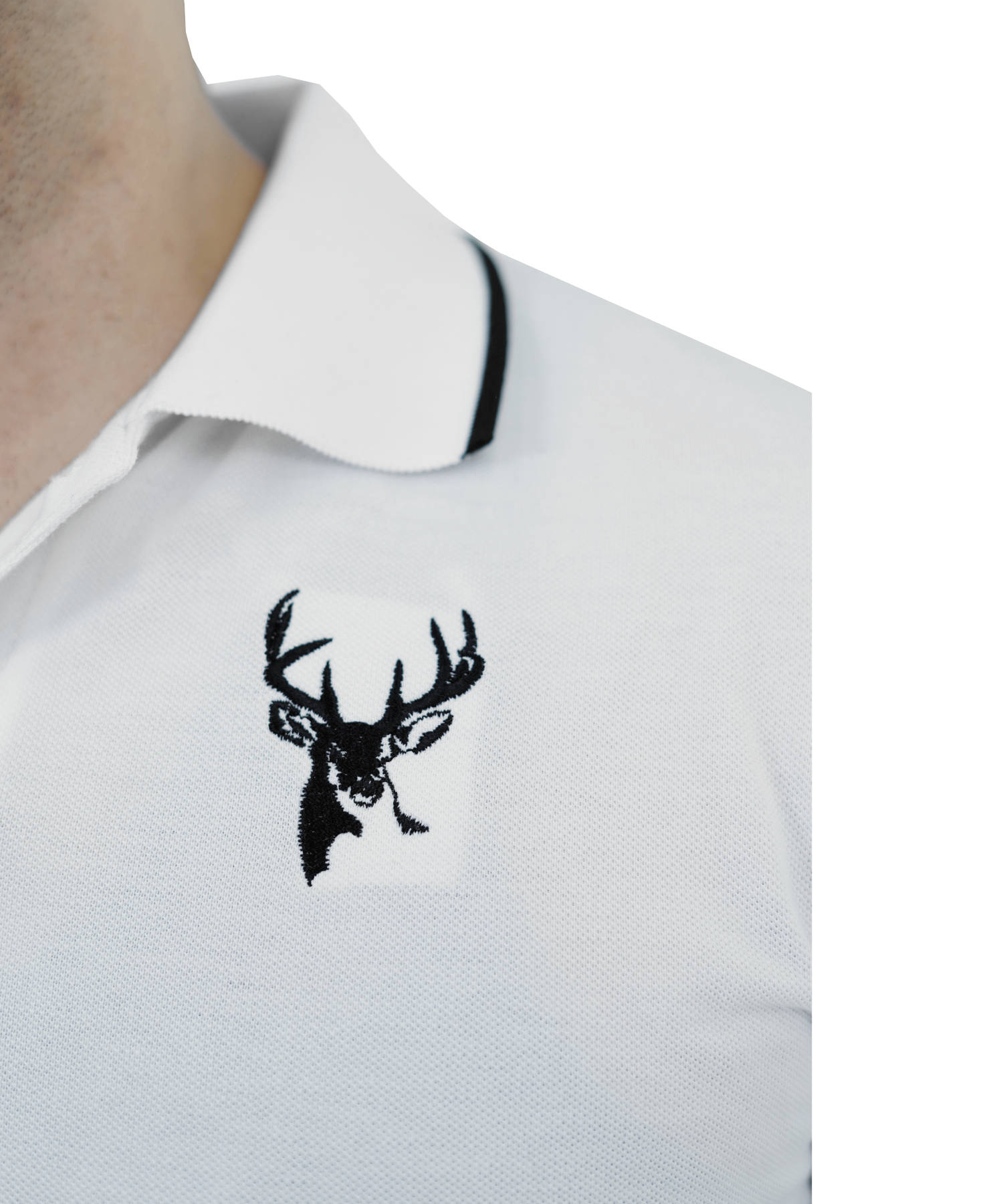 Herren Poloshirt Pique 100% Baumwolle Slim Fit Kurzarm Stickerei Weiss mit Reh