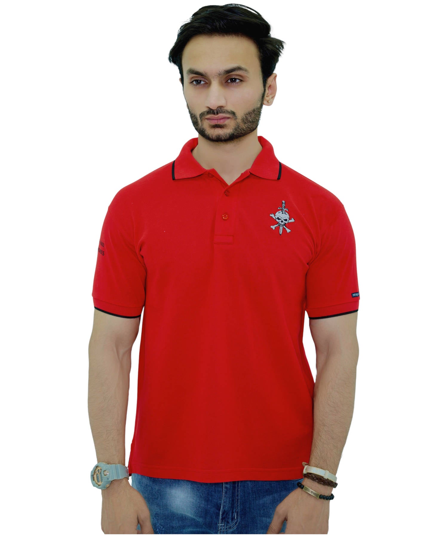 Herren Poloshirt Pique 100% Baumwolle Slim Fit Kurzarm Rot mit Schädel