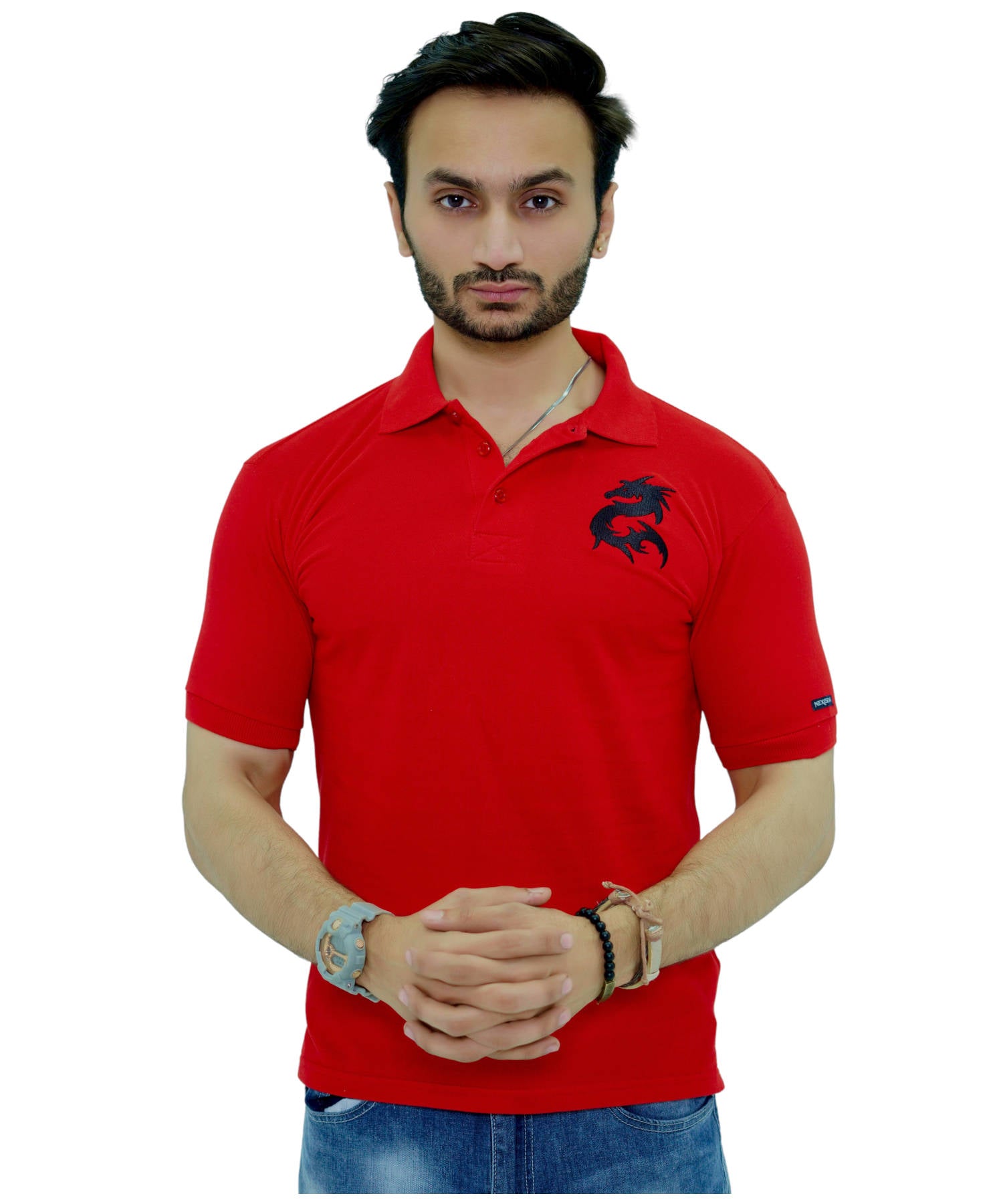 Herren Poloshirt Pique 100% Baumwolle Slim Fit Kurzarm Stickerei Rot mit Drachen