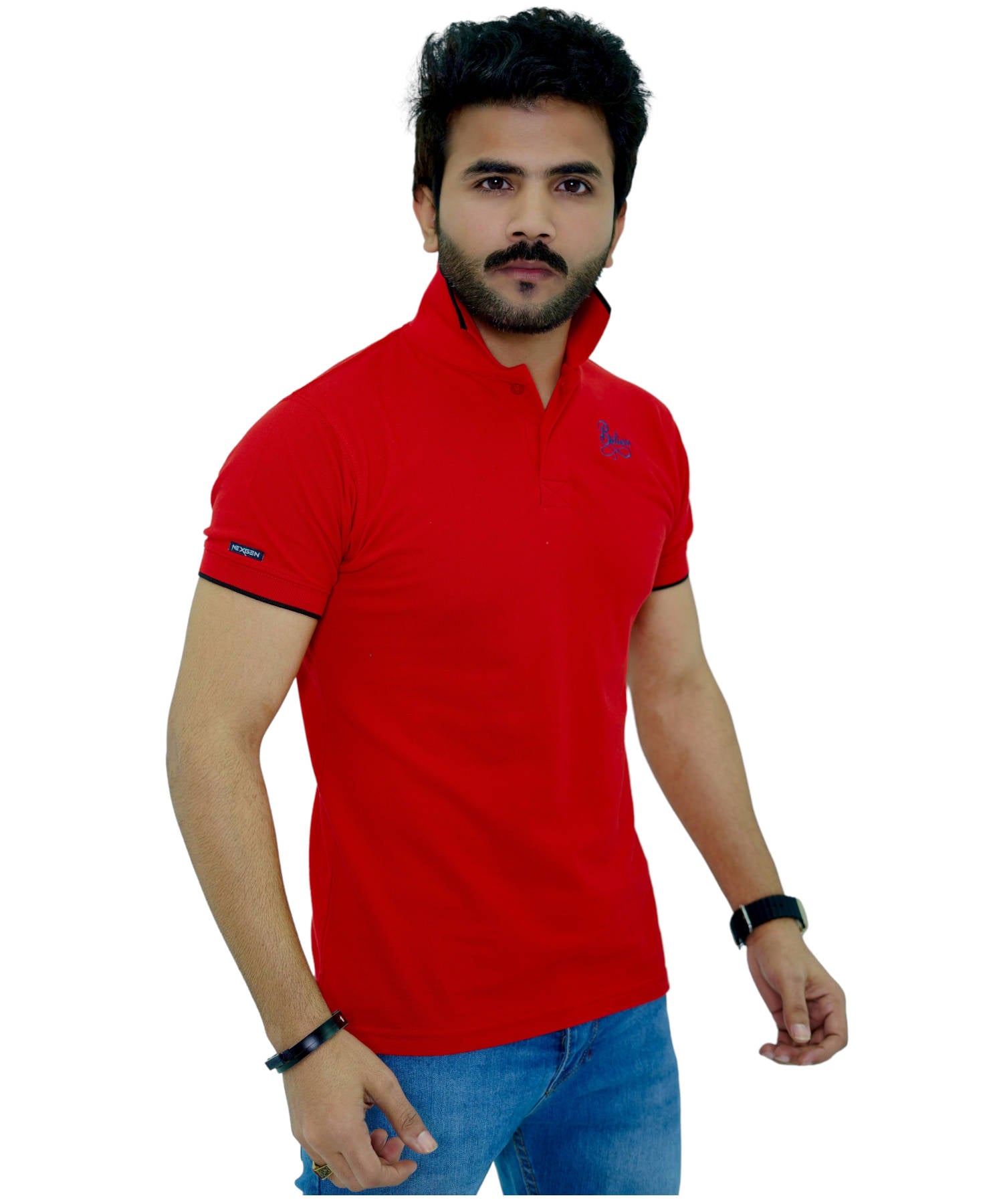 Herren Poloshirt Pique 100% Baumwolle Slim Fit Kurzarm Stickerei Rot mit Believe