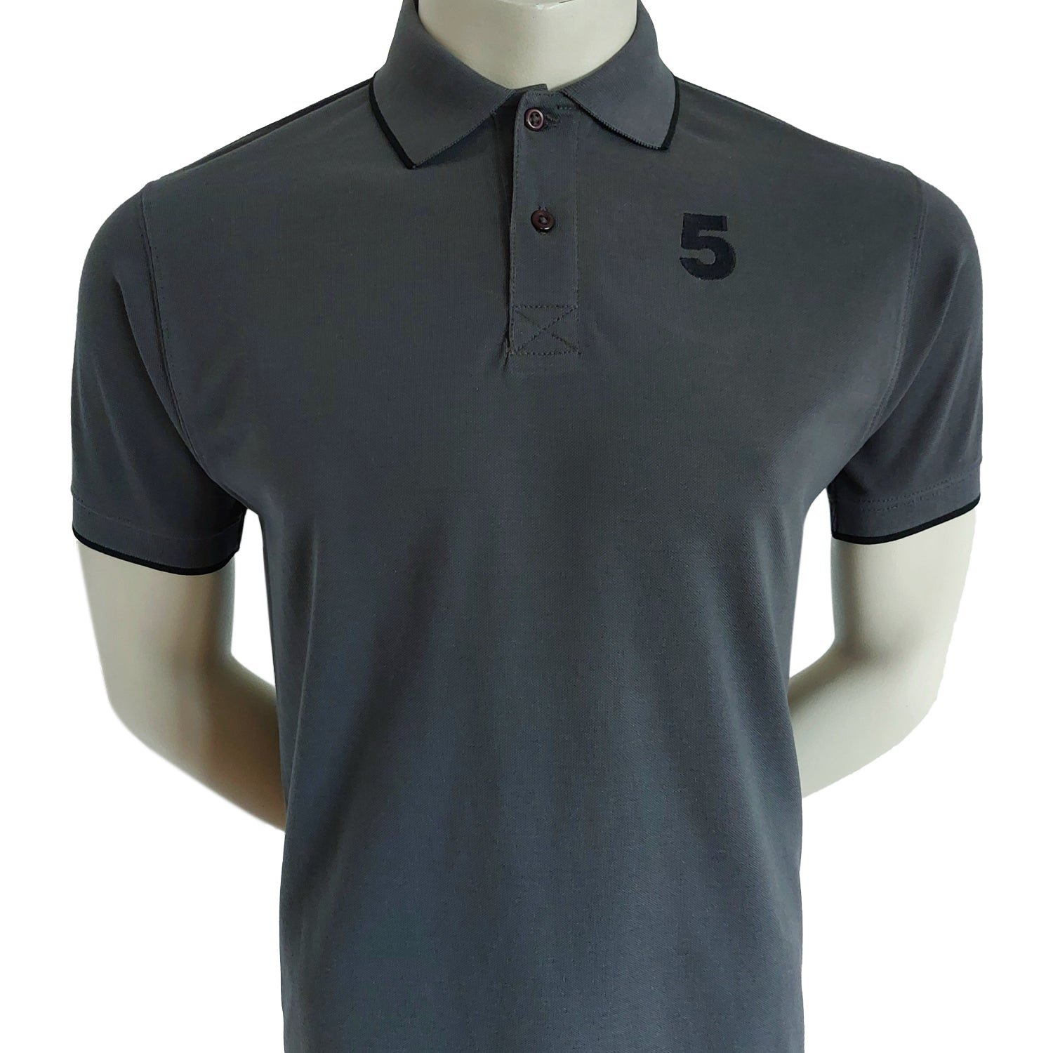 Herren Poloshirt Pique 100% Baumwolle Slim Fit Kurzarm Stickerei Dunkelgrau mit 5