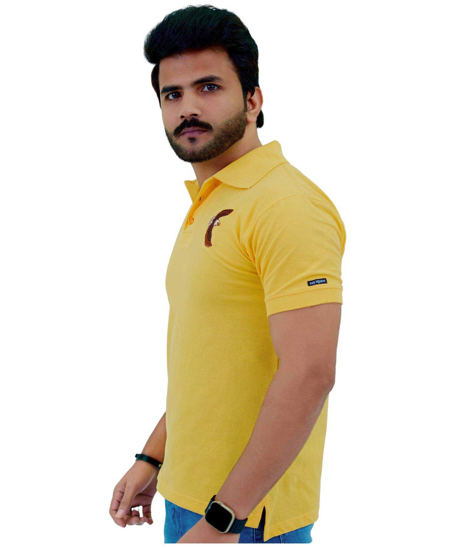 Herren Poloshirt Pique 100% Baumwolle Slim Fit Kurzarm Stickerei Gelb mit Adler