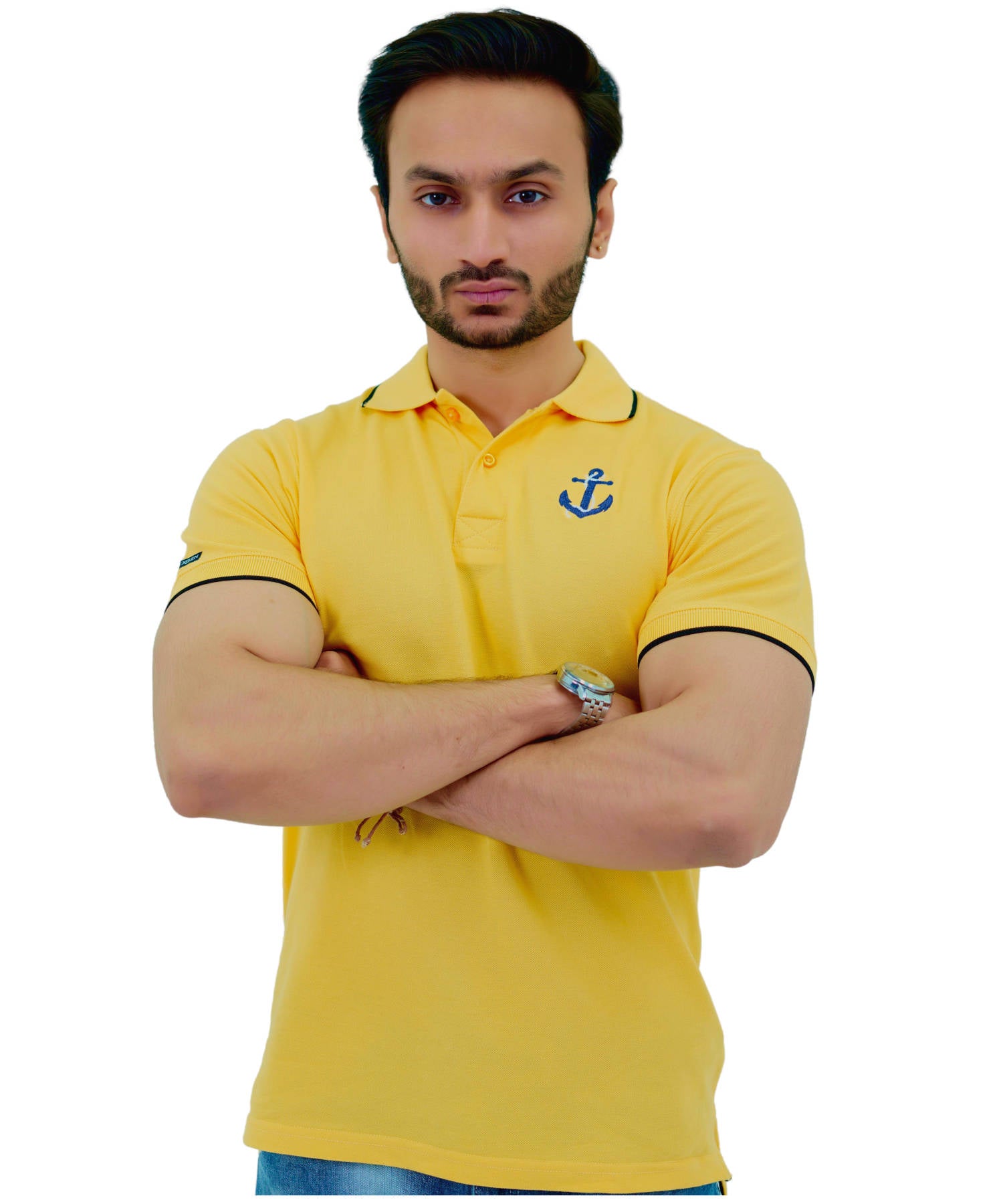 Herren Poloshirt Pique 100% Baumwolle Slim Fit Kurzarm Stickerei Gelb mit Anker