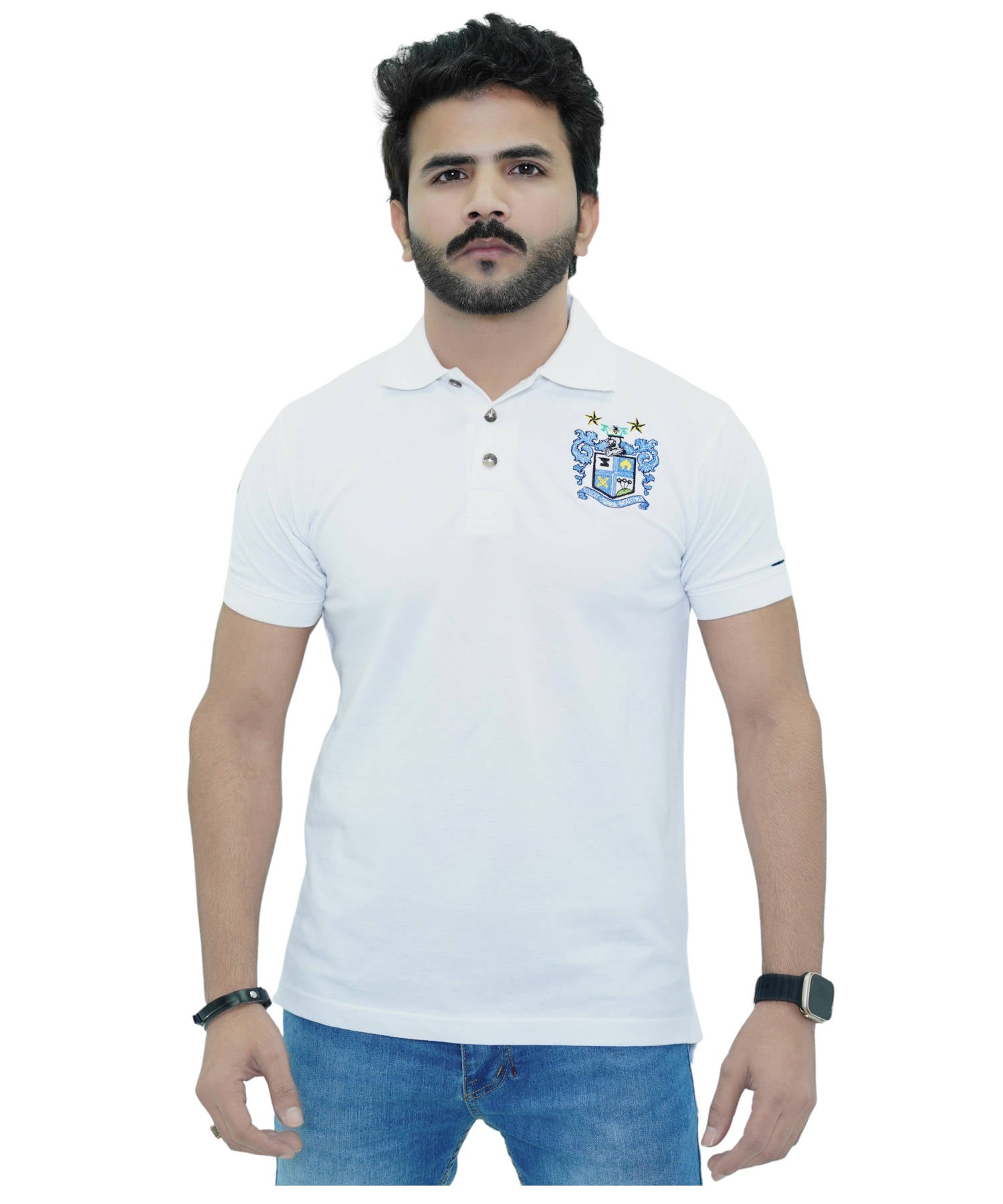 Herren Poloshirt Pique 100% Baumwolle Slim Fit Kurzarm Stickerei Weiß mit Fußballverein