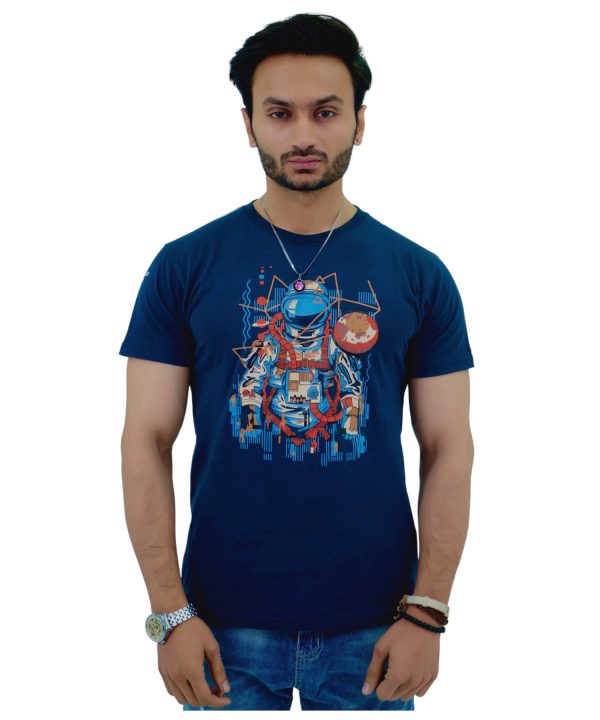 Herren T-Shirt Jersey Slim Fit Kurzarm Aufdruck Navy Astronaut 100% Baumwolle