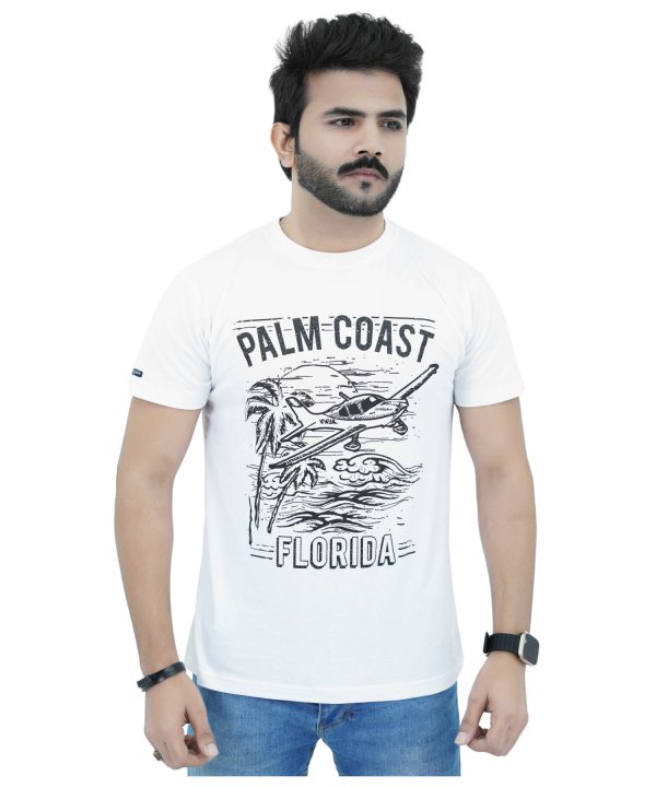 Herren T-Shirt Jersey 100% Baumwolle Slim Fit Kurzarm Aufdruck Weiß mit Palmenküste