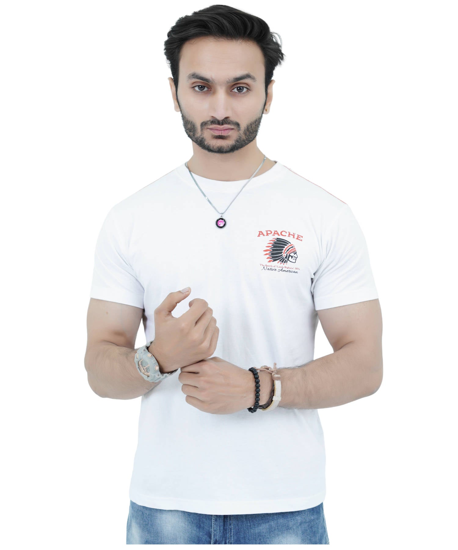 Herren T-Shirt Jersey 100% Baumwolle Slim Fit Kurzarm Aufdruck Weiß mit Apache