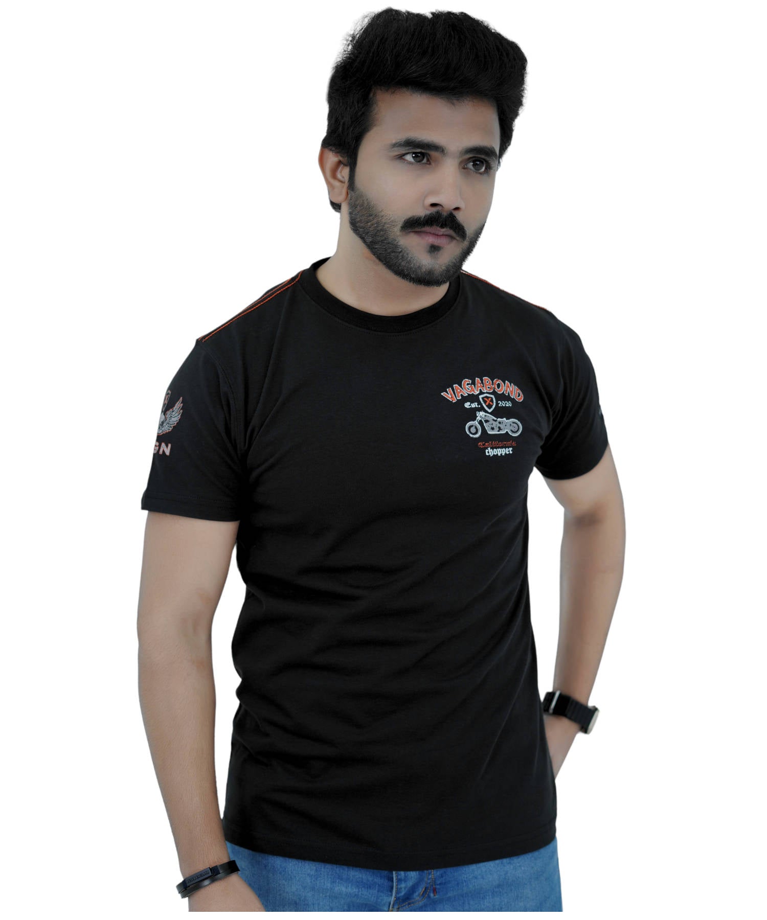 Herren T-Shirt Jersey 100% Baumwolle Slim Fit Kurzarm Aufdruck Schwarz mit Chopper