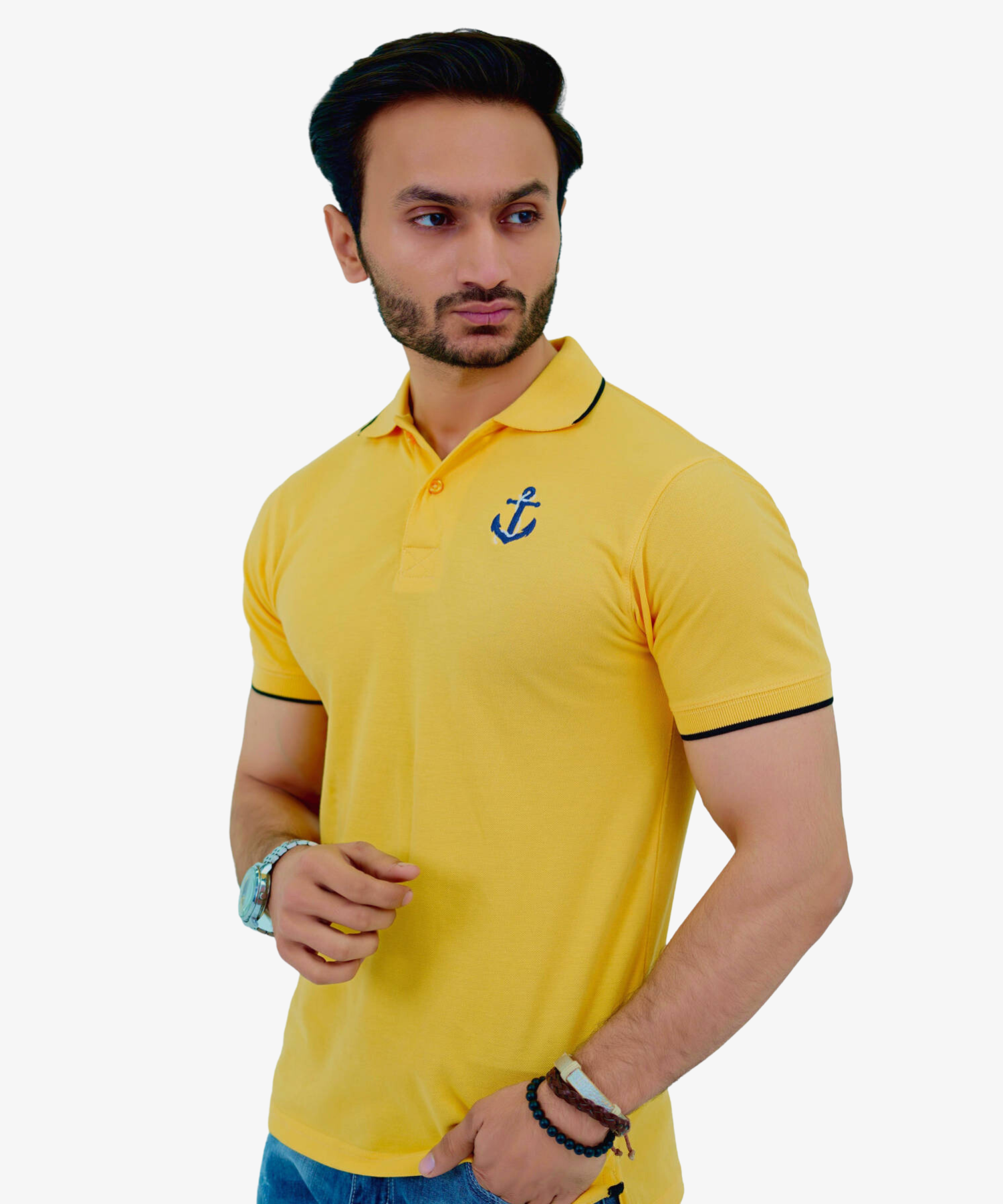 Herren Poloshirt Pique 100% Baumwolle Slim Fit Kurzarm Stickerei Gelb mit Anker