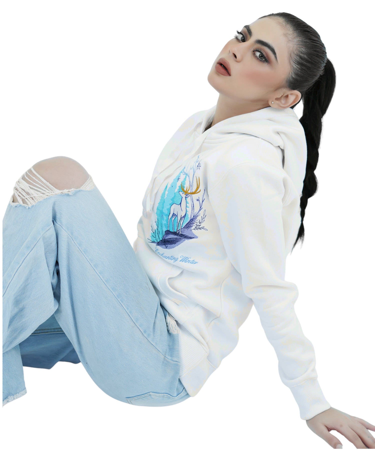 Damen Hoodie Kapuzenpullover Weiss