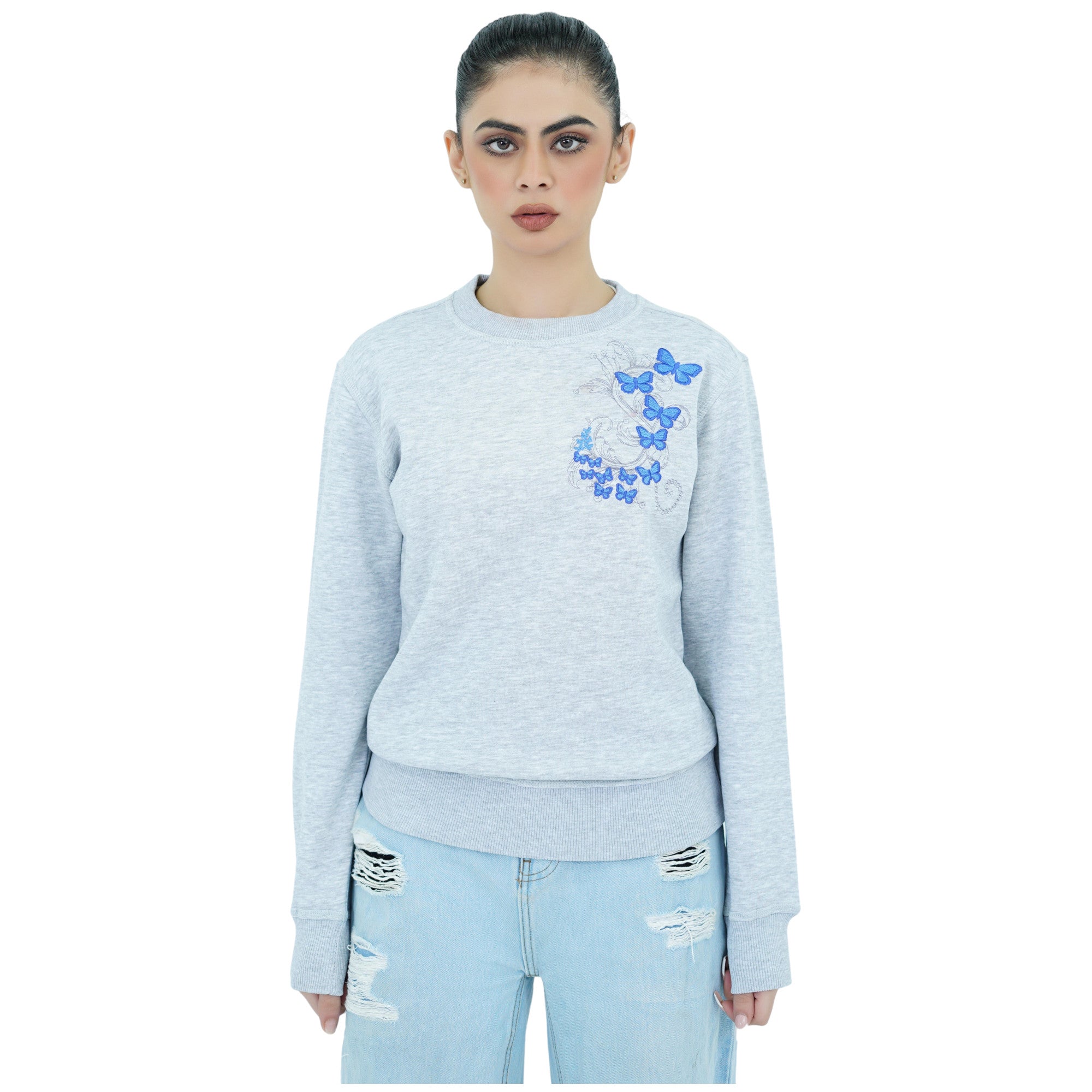 Damen Swearshirt Pullover Grau mit Stickerei